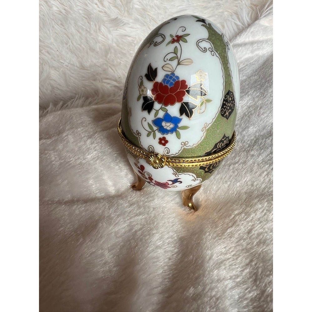 Porcelain Egg Trinket Box 4.5" Floral Gold Footed Hinged Chinoiserie Regency